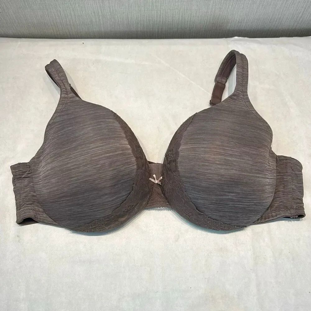 Cacique Bra Lightly Lined Full Coverage Front Lace Trim Sz 46C Underwire Heather